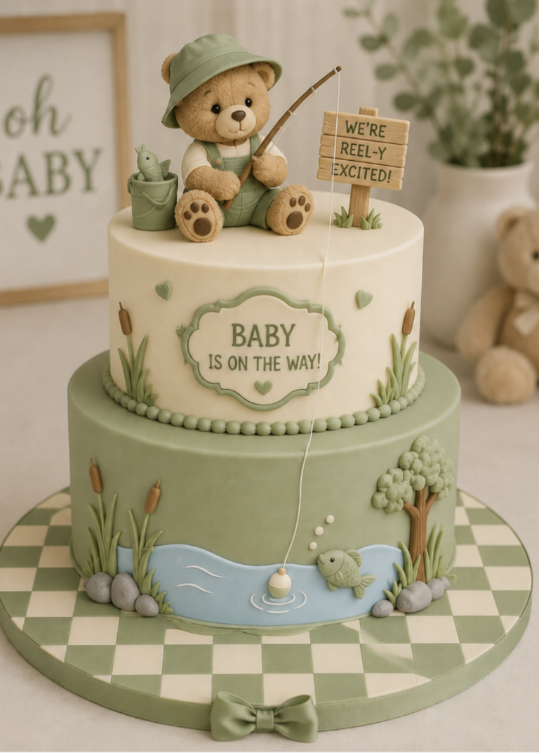 کیک بیبی شاور خرس ماهیگیر با تم جنگل سبز و تابلوی Baby is on the way
