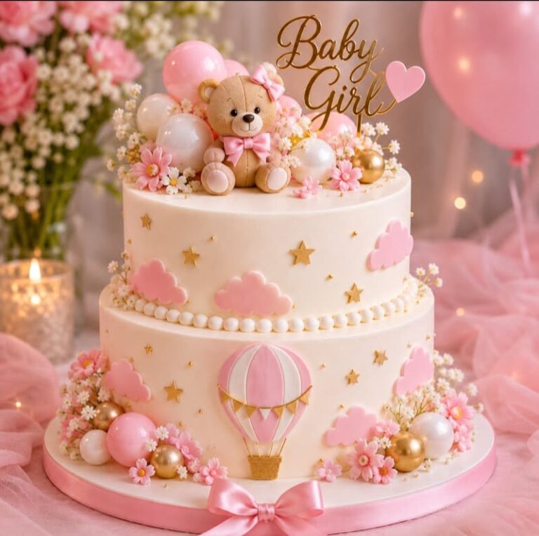 کیک بیبی شاور دختر خرس تدی با تاپر Baby Girl و بادکنک هوای گرم