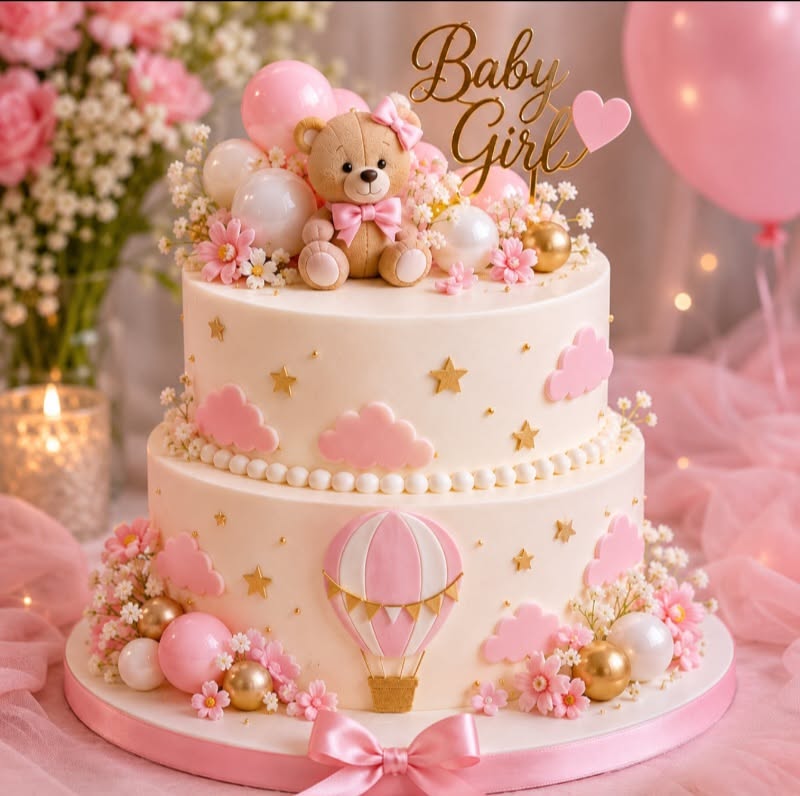 کیک بیبی شاور دختر خرس تدی با تاپر Baby Girl و بادکنک هوای گرم