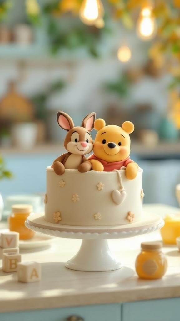 کیک ساده وینی پو و خرگوش با گل ریز روی زمینهٔ کرم