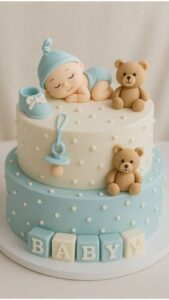 کیک بیبی شاور پسر آبی با نوزاد خوابیده، خرس تدی و مکعب BABY