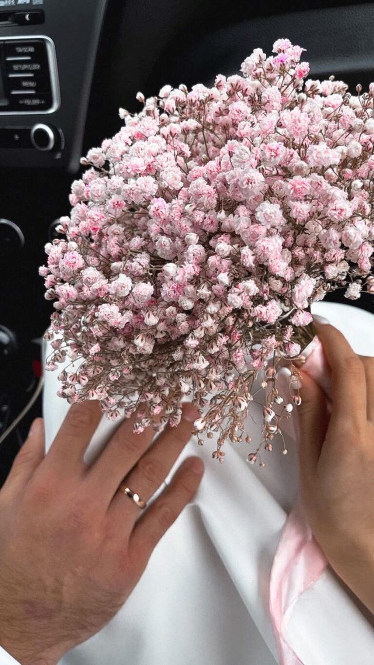 دسته‌گل عروس با گل عروس صورتی با بافت ابری متراکم