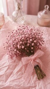 دسته‌گل عروس با گل عروس خشک صورتی با پاپیون توری