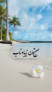 منظرهٔ ساحل استوایی با نخل‌ها و آسمان آبی برای حس آرامش