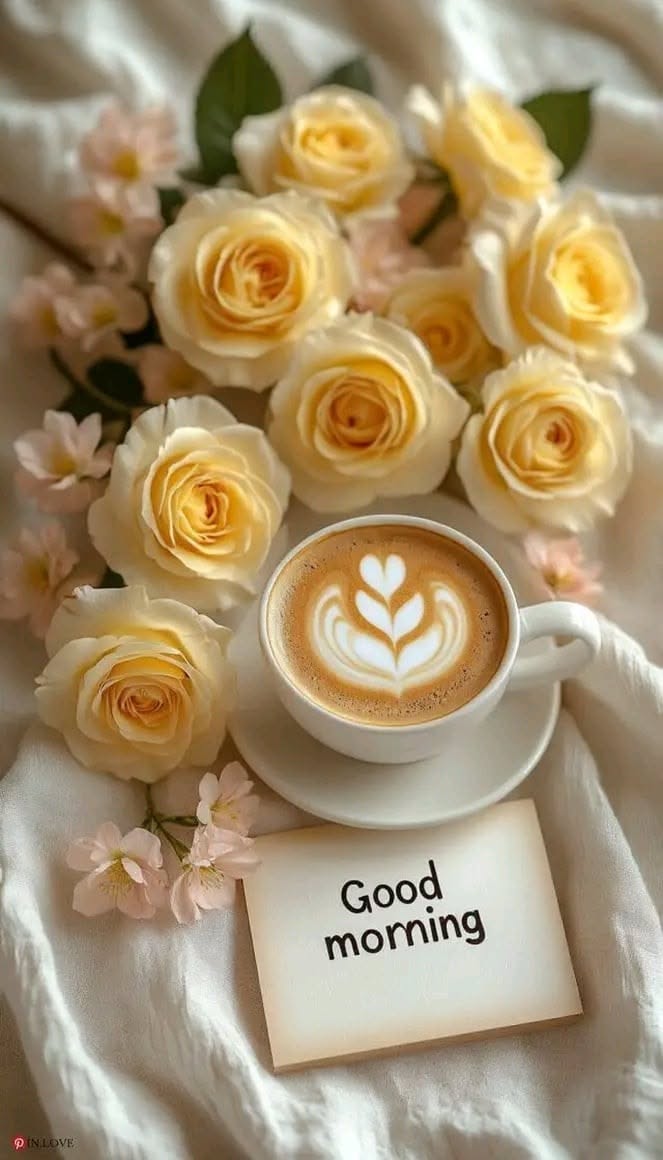 کارت صبح بخیر با رزهای زرد و قهوهٔ لاته آرت قلبی