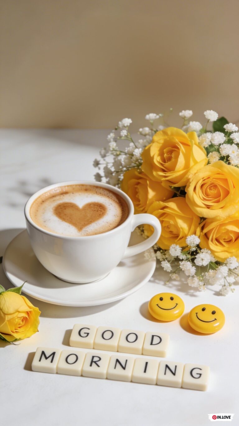 کارت صبح بخیر با لاته آرت قلبی و رزهای زرد و صورتک خندان