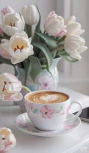 کارت صبح بخیر با لاله‌ها و فنجان چای گلدار و لاته آرت