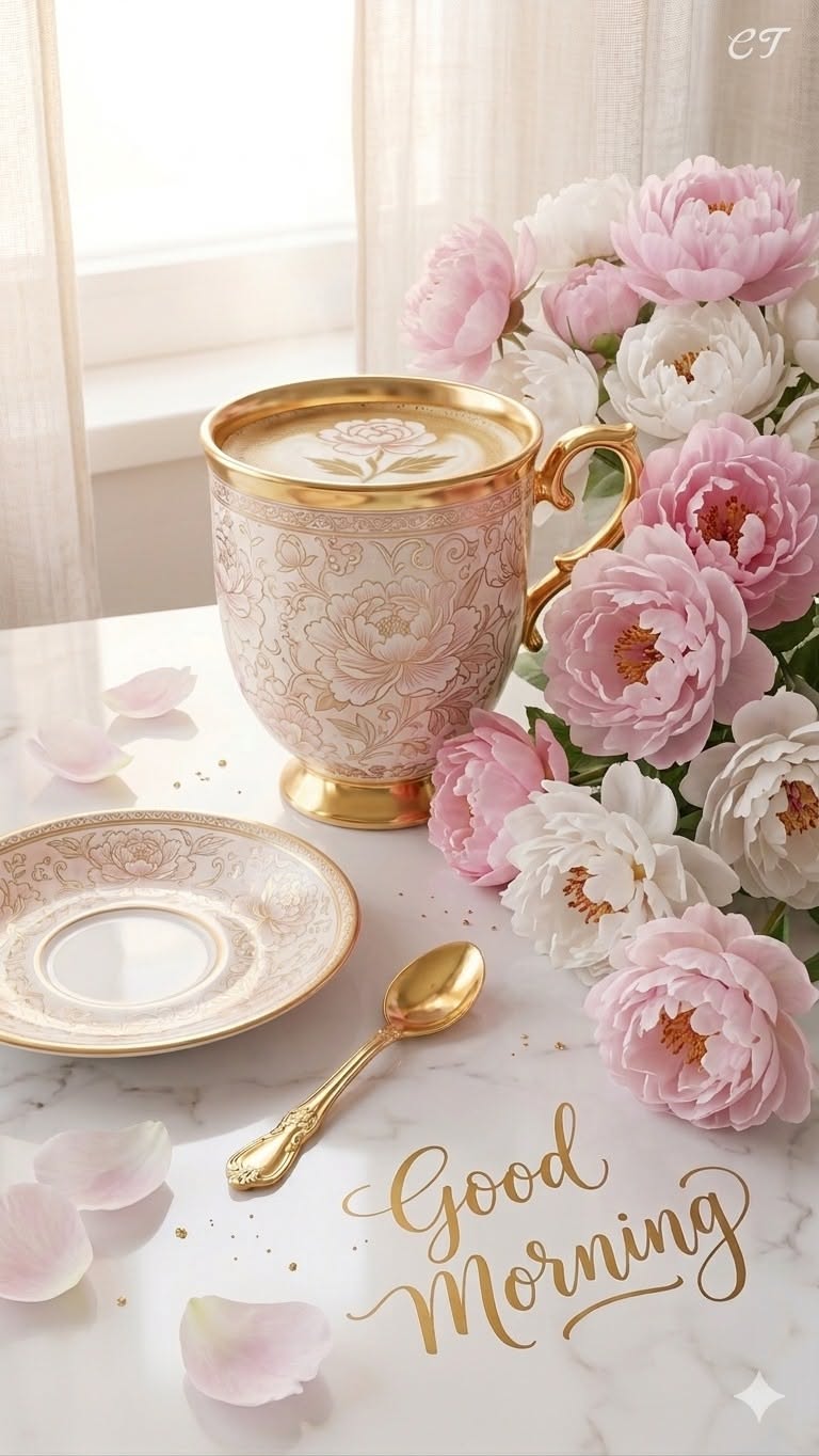 کارت صبح بخیر لوکس با فنجان طلایی و گل‌های پیونی