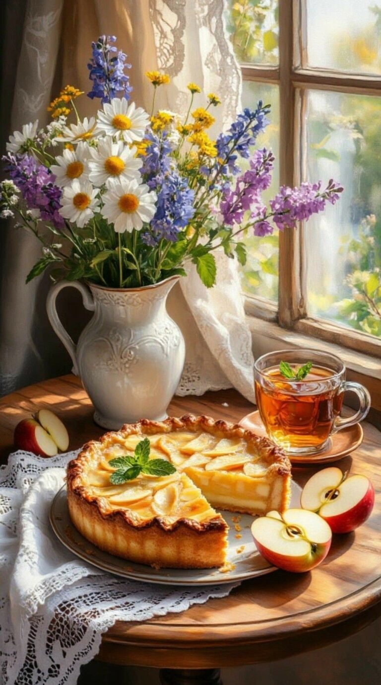 کارت صبح بخیر دنج با گل‌های وحشی و پای سیب و چای