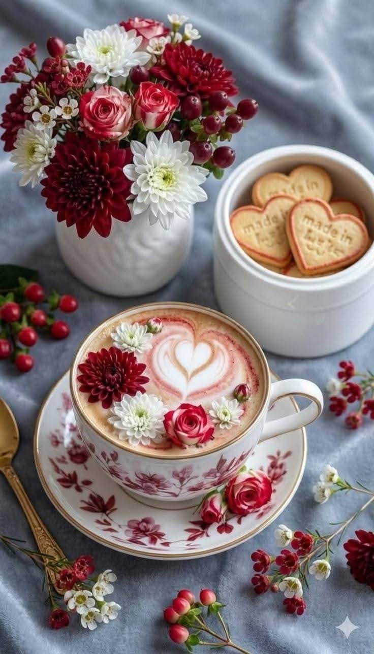 کارت صبح بخیر با لاته گلدار و شیرینی‌های قلبی