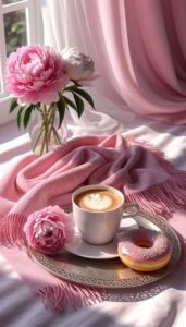 کارت صبح بخیر با پیونی صورتی و لاته و دونات
