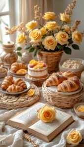 کارت صبح بخیر با رزهای زرد در سبد و صبحانهٔ گرم