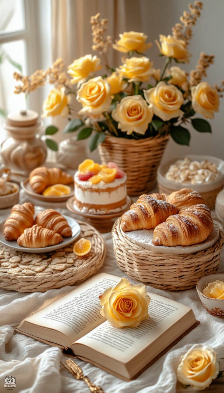 کارت صبح بخیر با رزهای زرد در سبد و صبحانهٔ گرم