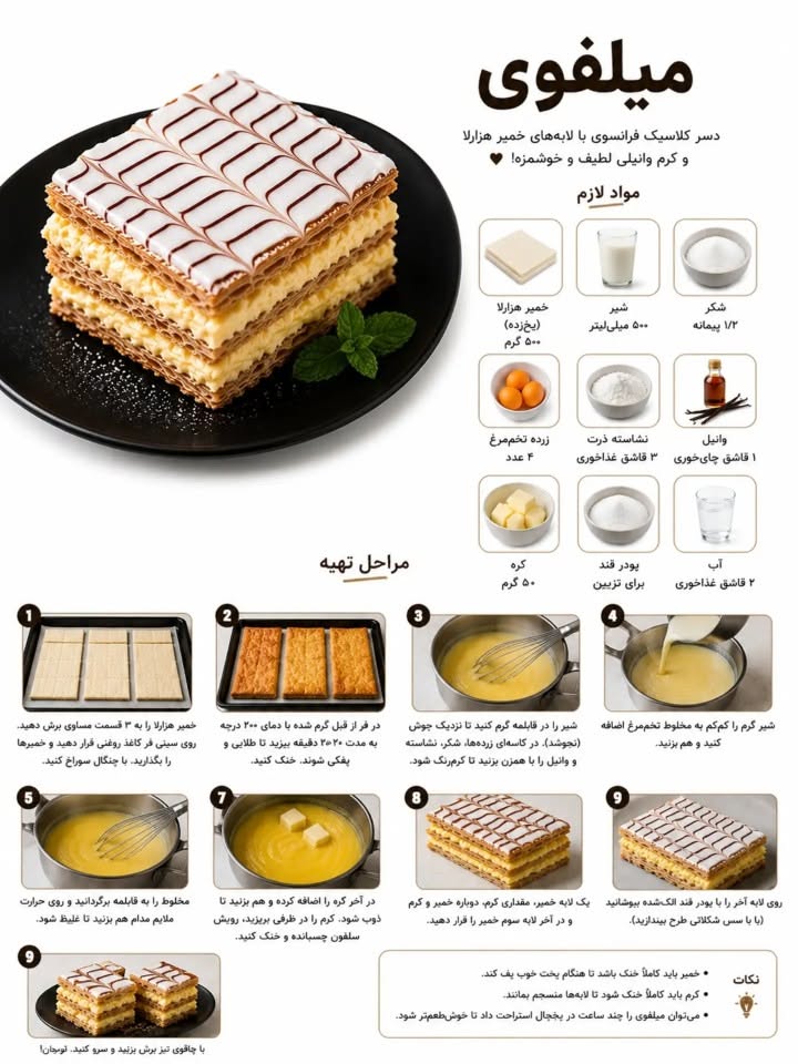 طرز تهیه میلفوی فرانسوی با خمیر هزارلا و کرم وانیلی