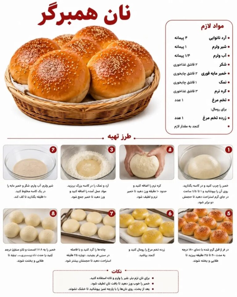 طرز تهیه نان همبرگر خانگی نرم و پفکی با کنجد