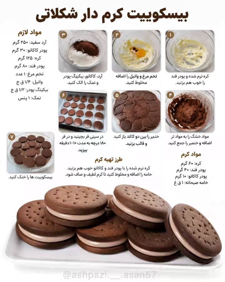 طرز تهیه بیسکویت کرم‌دار شکلاتی خانگی شبیه اورئو