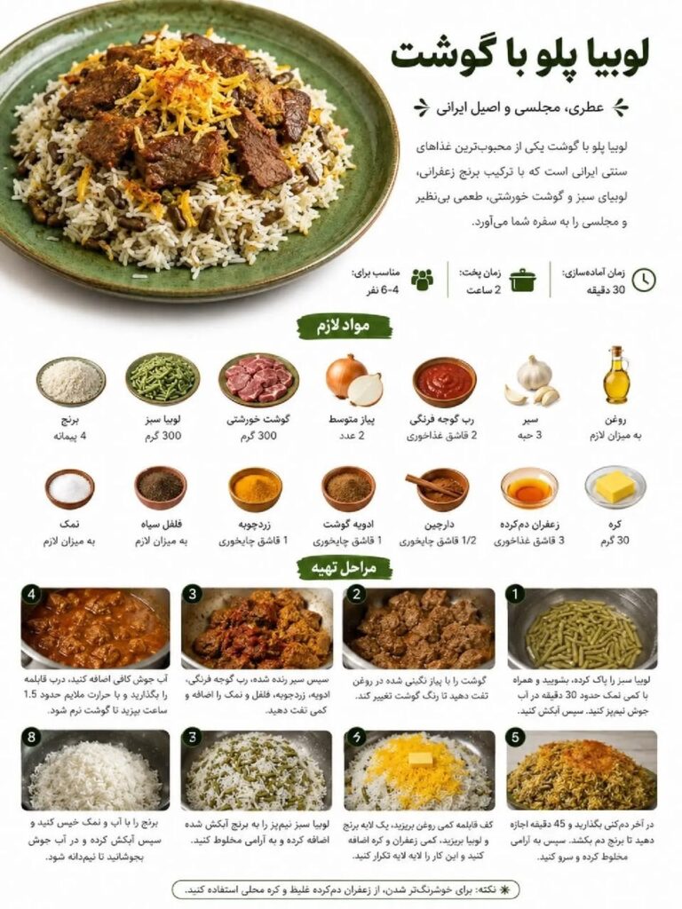 طرز تهیه لوبیا پلو با گوشت مجلسی و زعفران