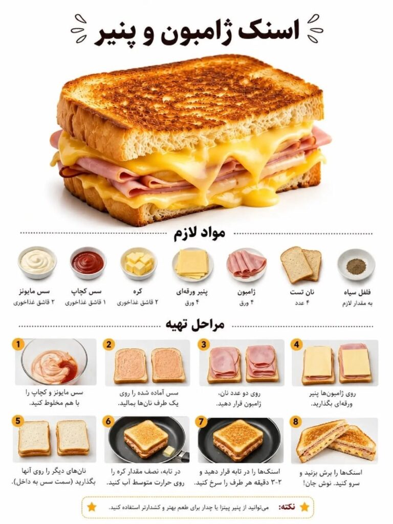 طرز تهیه اسنک ژامبون و پنیر در تابه با سس مایونز و کچاپ