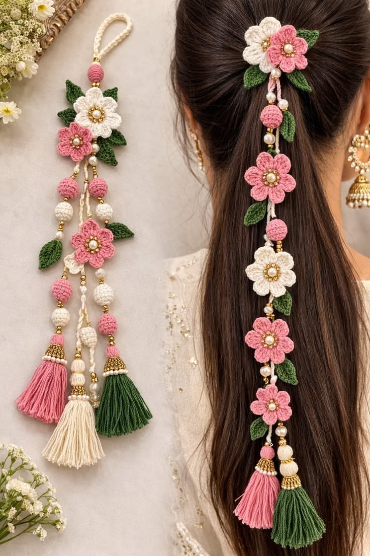 کش و آویز مو بافتنی با گل صورتی و منگوله؛ اکسسوری موی دست‌ساز