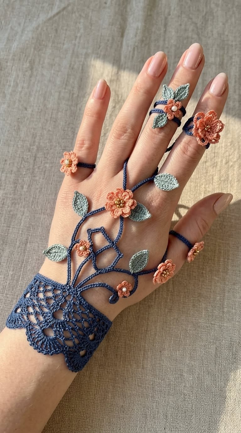 زیورآلات دست بافتنی سرمه‌ای با گل صورتی؛ توری مچ و شاخه‌های بلند