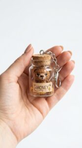 جاکلیدی بافتنی شیشهٔ عسل با درپوش چوبی؛ آمیگورومی خوراکی