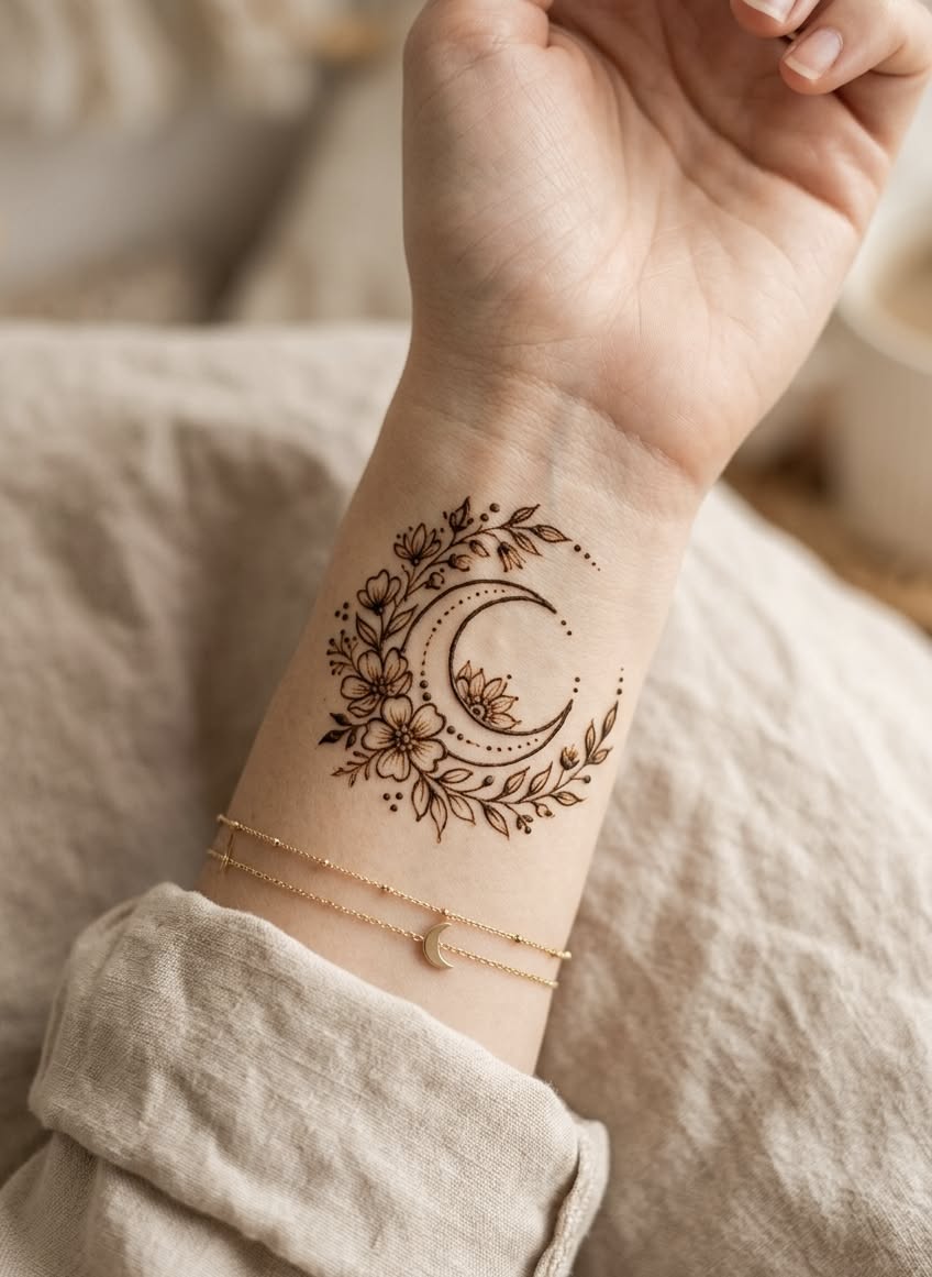 طرح حنای ماه و گل روی مچ دست (بوهو)