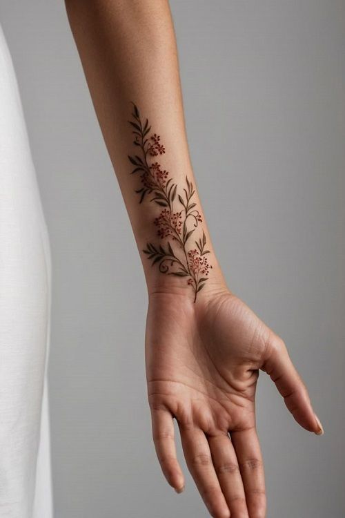 طرح گل و برگ رنگی دور مچ و ساعد