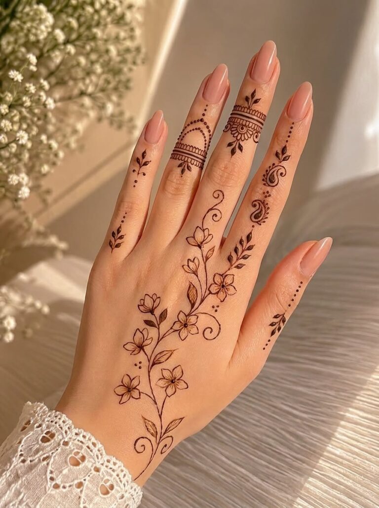 طرح حنای گل ظریف و بند انگشت