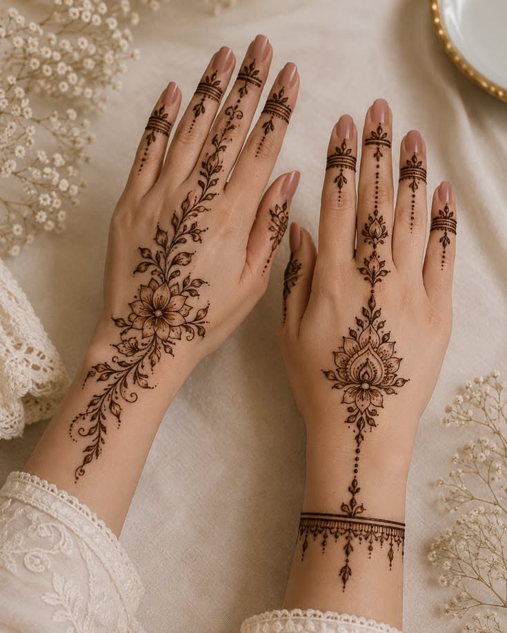 طرح حنای دو دست با گل و ماندالا