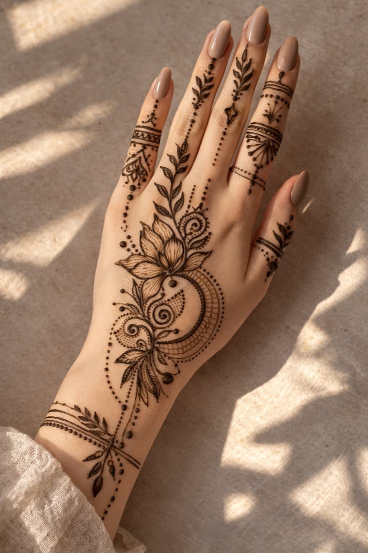 طرح حنای نیلوفر و ماندالا به سبک بوهو
