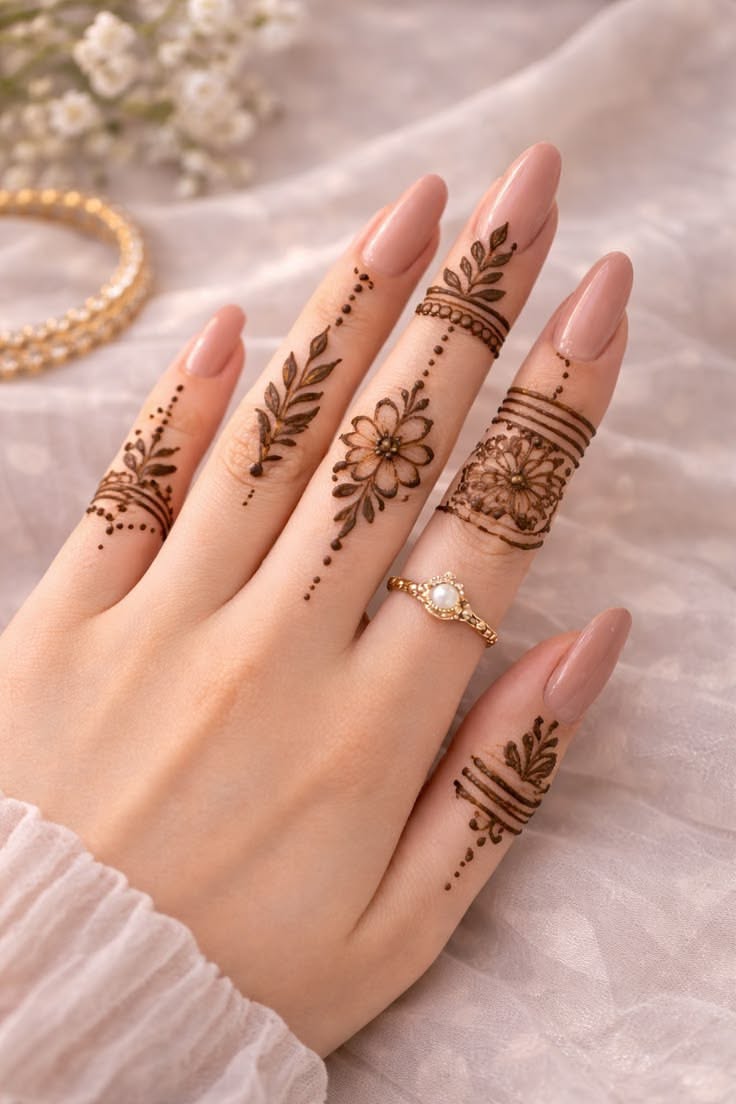 طرح حنای انگشتی با گل و برگ