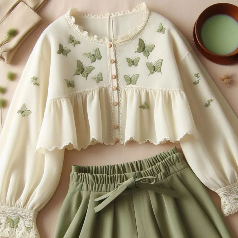 ست بلوز گلدوزی پروانه با شلوار سبز