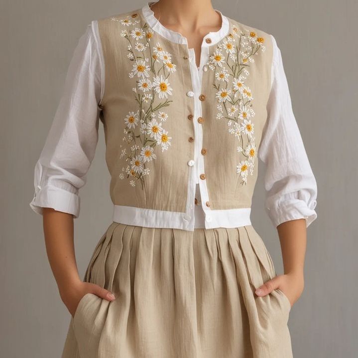 ست لباس کتان بهاری با جلیقه گلدوزی بابونه