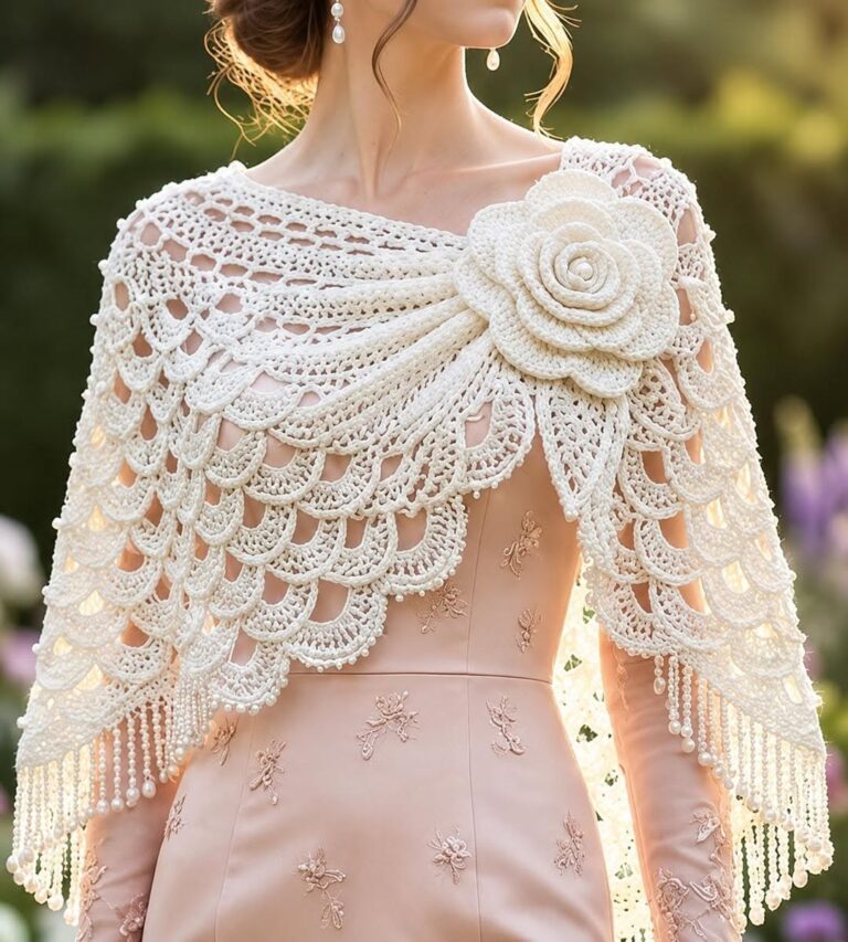 شال بافتنی سفید روی پیراهن صورتی زنانه