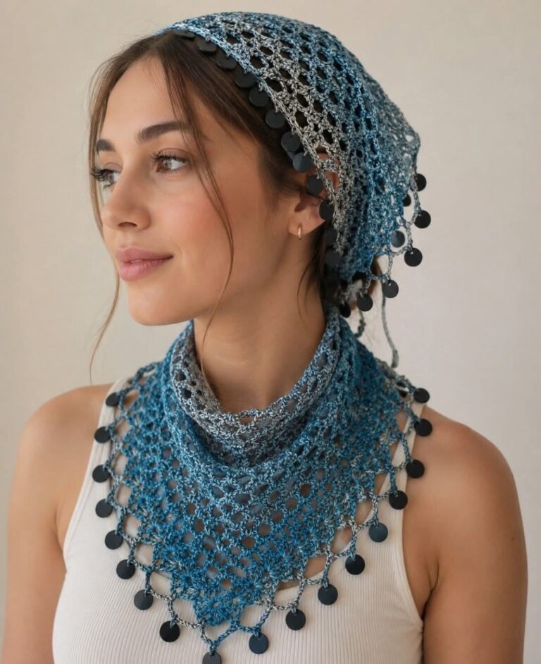 شال بافتنی آبی با منگوله و مهره — اکسسوری بوهو