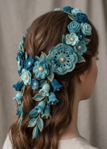 هدپیس بافتنی آبی با گل — اکسسوری موی بهاری