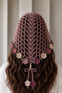 کلاه بافتنی صورتی با گل — اکسسوری موی دلبر