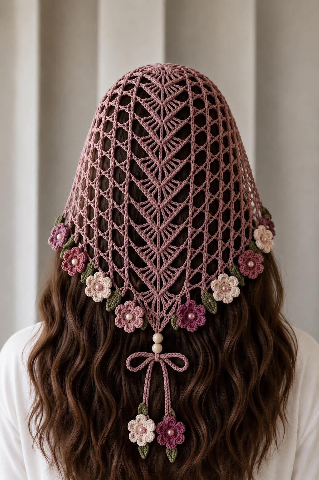 کلاه بافتنی صورتی با گل — اکسسوری موی دلبر